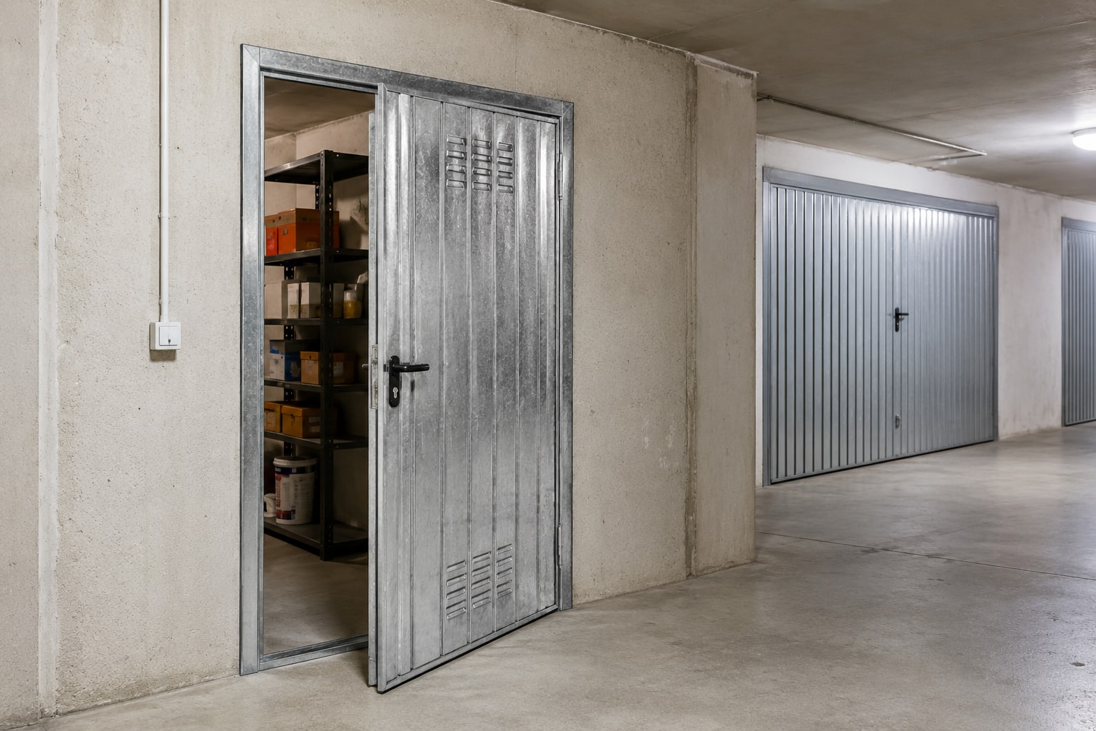 Porta per cantina in lamiera zincata aperta su un corridoio di cantine