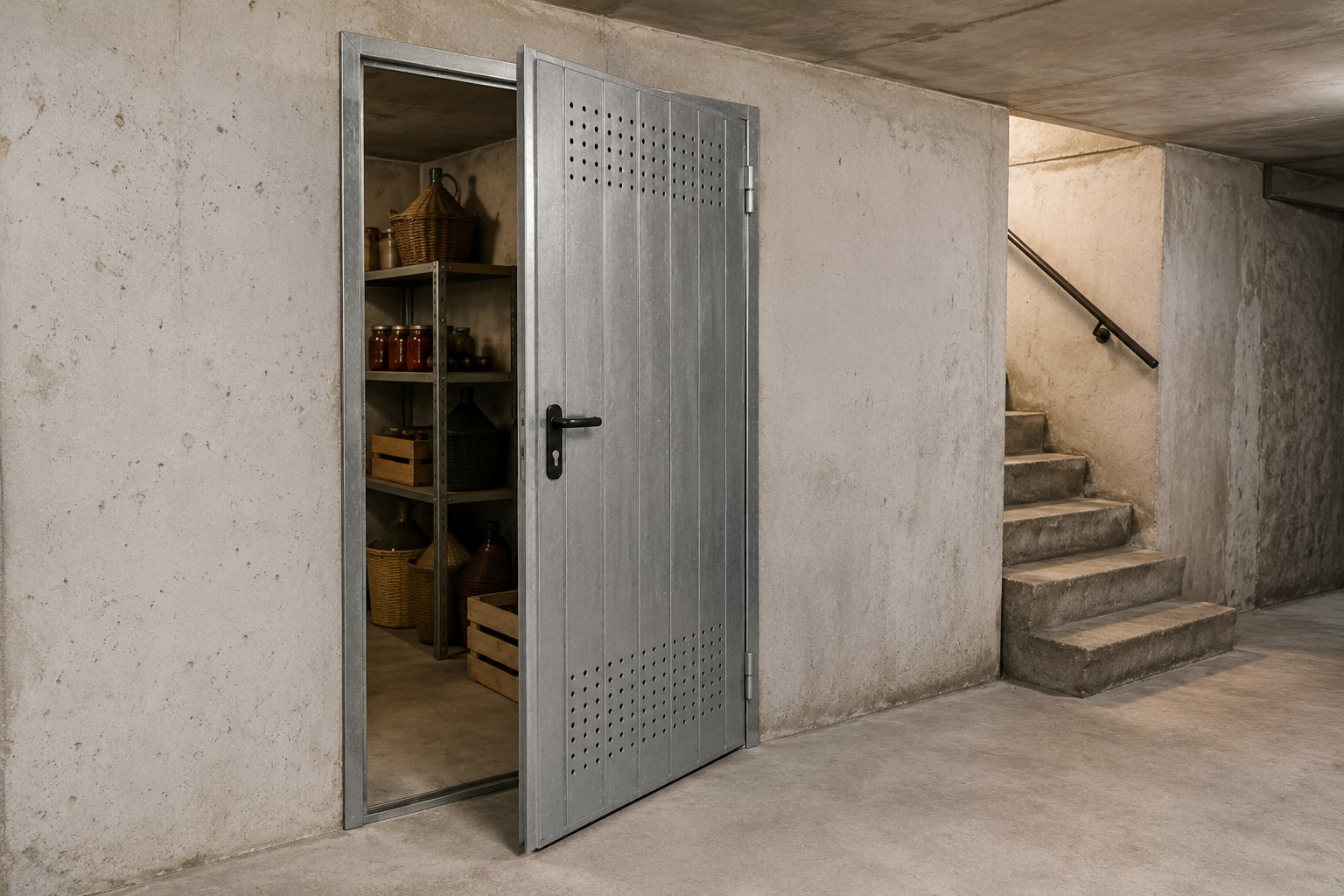 Porta per cantina con alette di areazione, aperta sul deposito