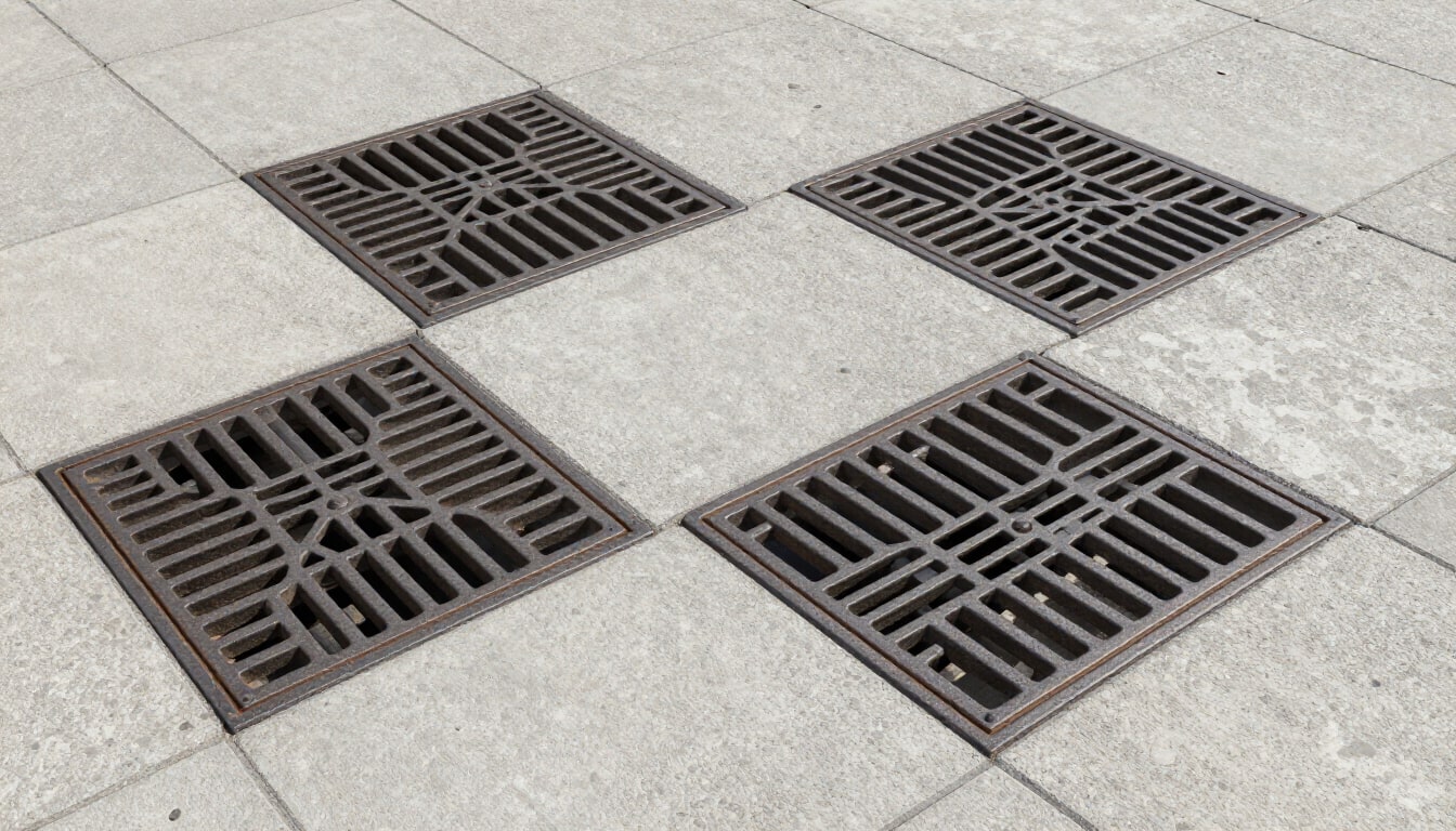 Quattro griglie in ghisa inserite in una pavimentazione in travertino