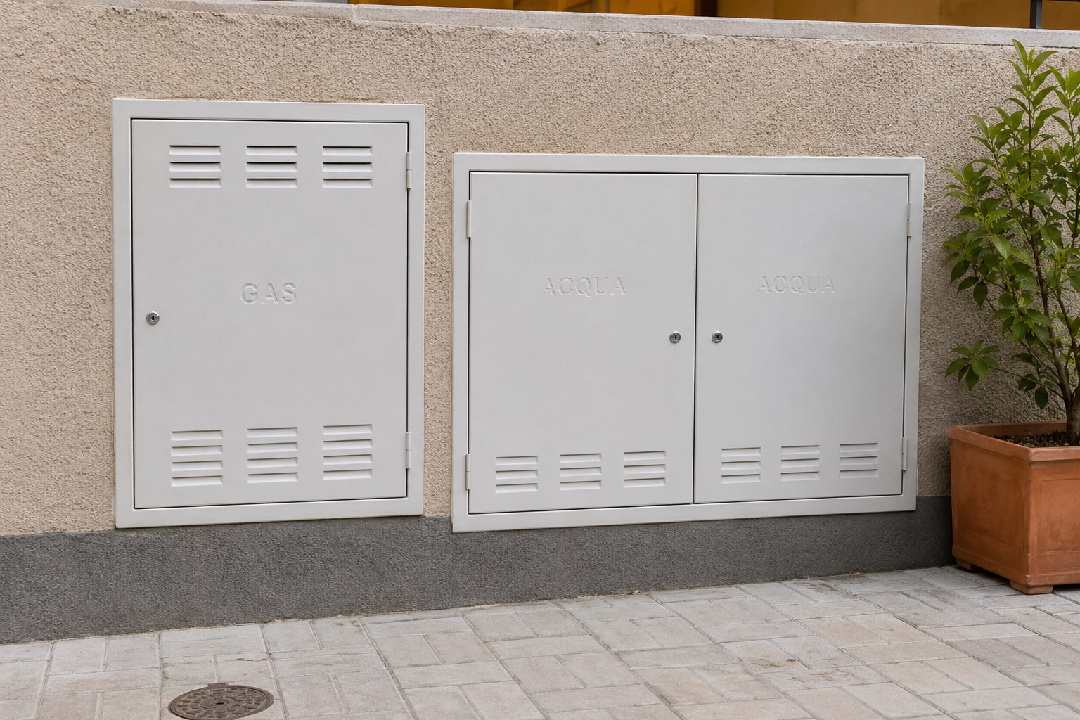 Due cassette per contatori installate sulla facciata di un edificio